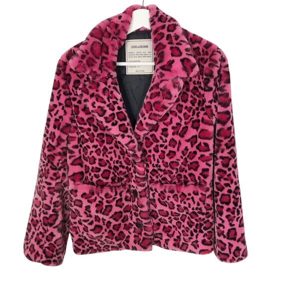 Zadig & Voltaire Lila Leopard Jacket XS Pink Black Faux Fur Button Front - Picture 12 of 12